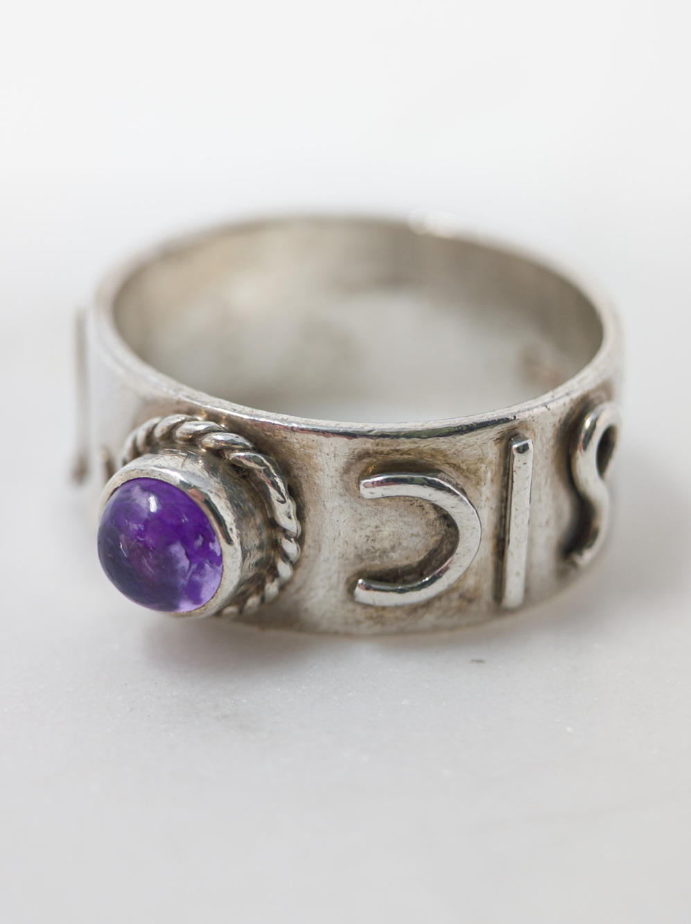 925 Sterling Amethyst Wide Band Ring w/ Abstract Cutout Design, Sz 7